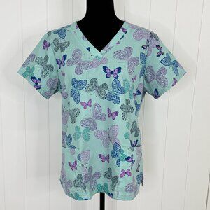 Butter Soft Women's Scrub Top Size LG Blissful Butterfly Sea Frost 4 Pockets